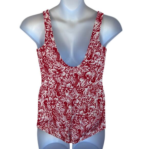 Land's End Tugless Tank Swimsuit with Red and White Cockatoo Print size 14 - Picture 5 of 11
